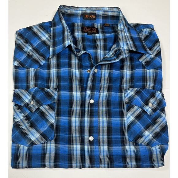 Plains Big Man Western Wear Mens 2X Blue Plaid Short Sleeve‎ Pearl Snap - Picture 6 of 6